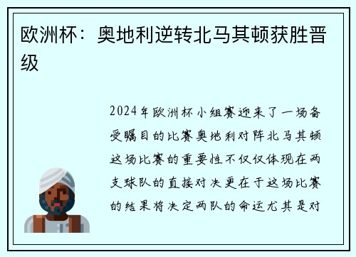 欧洲杯：奥地利逆转北马其顿获胜晋级