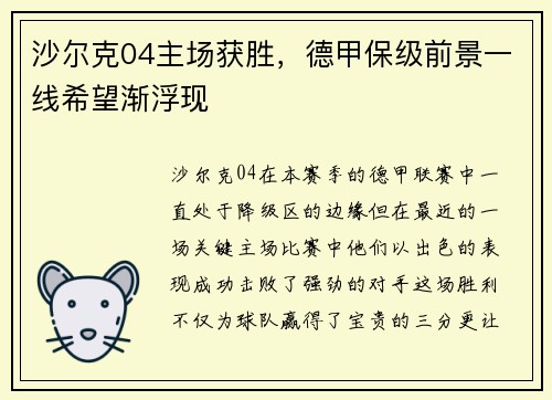 沙尔克04主场获胜，德甲保级前景一线希望渐浮现