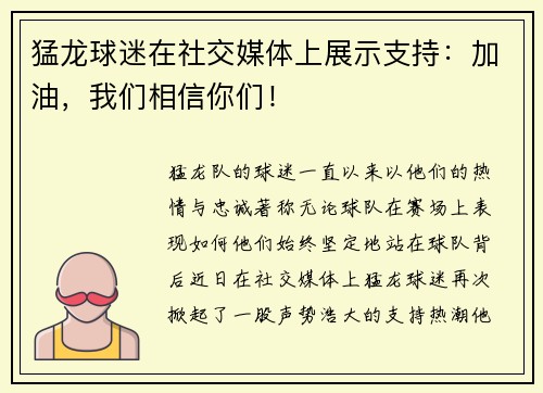 猛龙球迷在社交媒体上展示支持：加油，我们相信你们！