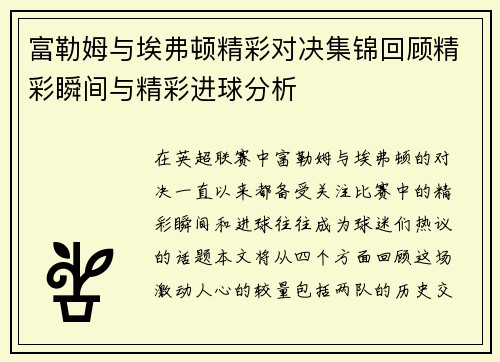 富勒姆与埃弗顿精彩对决集锦回顾精彩瞬间与精彩进球分析