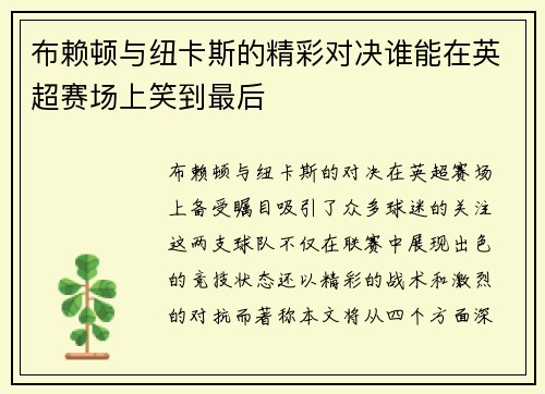 布赖顿与纽卡斯的精彩对决谁能在英超赛场上笑到最后